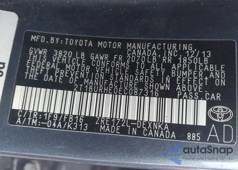 2014 Toyota Corolla Le Plus z USA, uszkodzony, nr VIN 2T1BURHE0EC087316